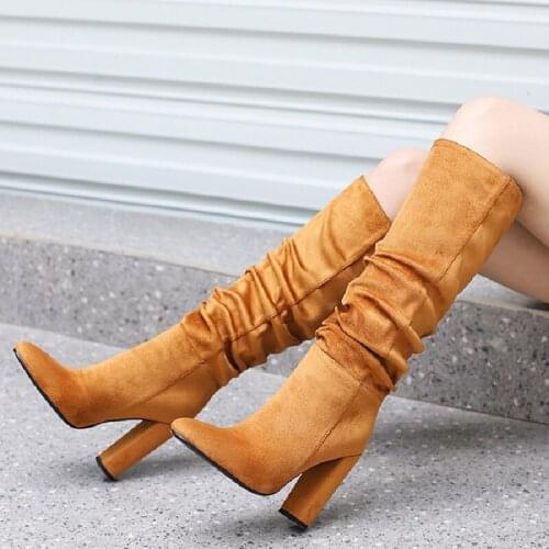 Pleated Western Cowboy Boots for Women Knee High Boots Winter Suede Leather Long Boots Pointed High Heels Casual Shoes Woman New