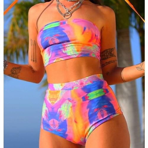 Ladys Summer Style Two Pieces Bikini Set In Multi color tie dye print color bandeau top high waist boxer pant size S M L