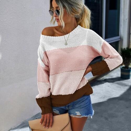 Women’s Casual Striped Color Block Knitted Sweater Long Sleeve O-Neck Loose Pullover Tunic Blouse Tops Spring Patchwork Sweaters