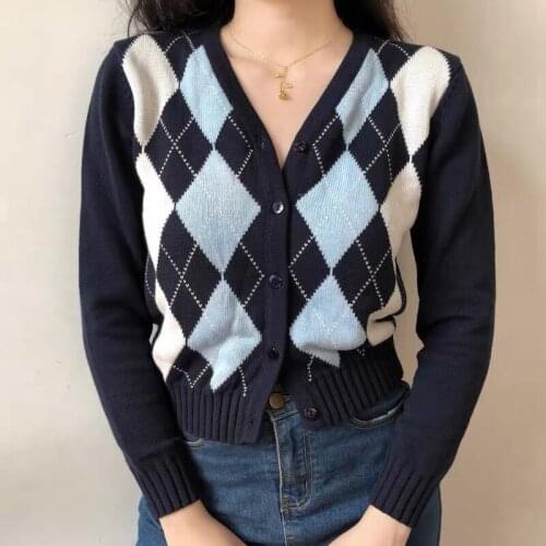 Knit Sweater Women Fashion New Vintage Temperament Long Sleeve V Neck Slim Thin Cardigan Argyle Spliced Casual Knitted Female