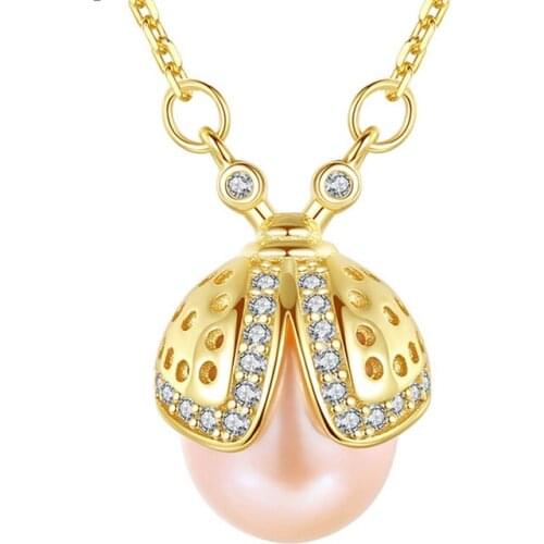 Fashion 100% 925 Sterling Silver Created Cute Beetle Pearl Pendant Necklace For Women High Carbon Diamond Party Fine Jewelry