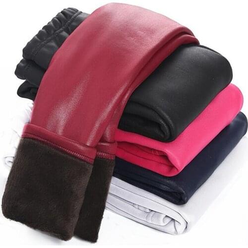 Faux Leather Winter Girls Leggings Childrens Thick Velvet Legging Baby Kids Pants Solid Slim Toddler Girl Clothing