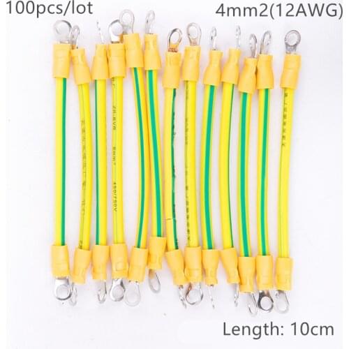 100pcs 10cm Length 12 AWG 4mm2 BVR Yellow-Green Solar Grounding Wire with Terminals Copper PV Cabinet Bridge Leakage Earth Cable