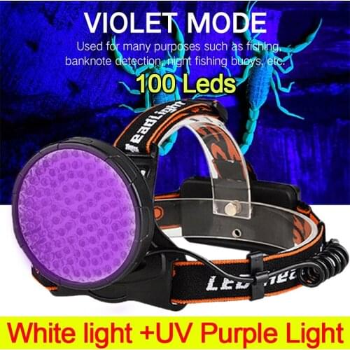 100 LED Rechargeable Headlight White & UV Light Headlamp USB torch Detector lamp with 18650 battery for Dry Pets Urine&Pet