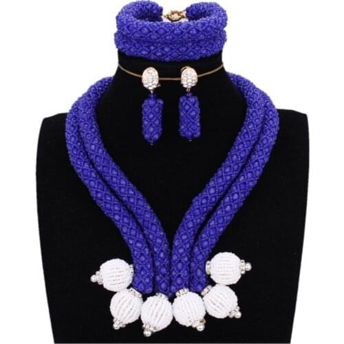 Dudo Store African beads Jewelry Set Royal Blue and White Beaded Balls Jewellery Set 2020 Earrings Bracelet Necklace Set