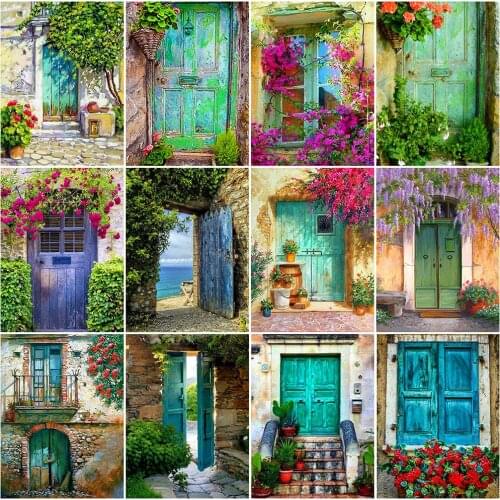 HUACAN 5D Diamond Painting Full Square Door Flowers Embroidery Cross Stitch Scenery Mosaic Handmade Home Decor Diamond Art