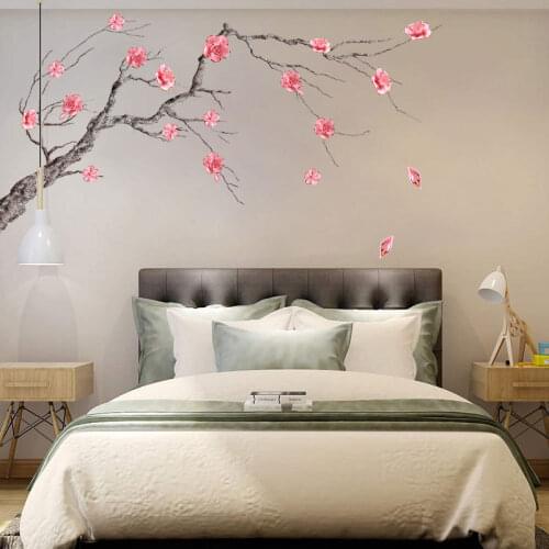 Chinease Style Pink Plum blossom Wall Stickers Tree Branch Wall Decals for Living Room Bedroom Reading Room PVC Stickers Mural
