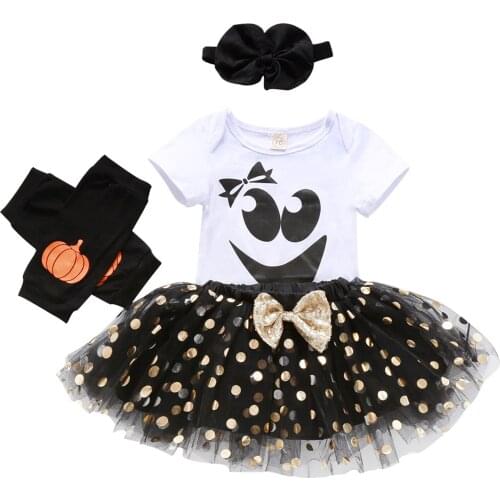 Halloween Newborn Clothes Set Infant Baby Girls Letter Print Romper + Tutu Mesh Skirts + Leg Warmer + Headband Outfits Set 0-2y
