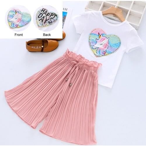 3-10Yrs Girls Clothing Sets 2021 Summer Girls Clothes Unicorn Sequins Chiffon Pants Outfit Kids Tracksuit Suit Children Clothing