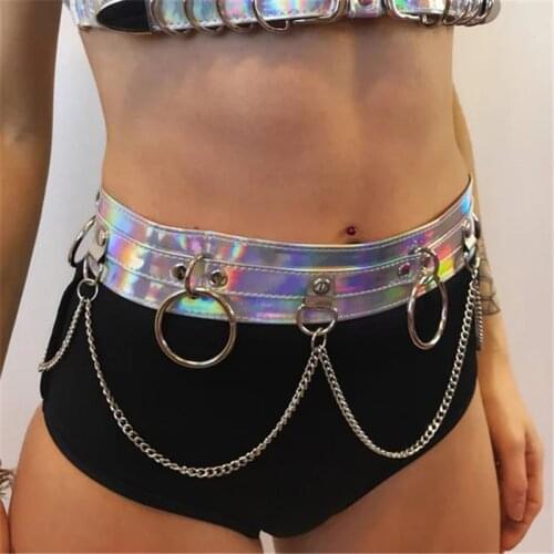 Laser Holographic Pu Leather Metal Chain Waist Belts Women 2019 Punk Festival Rave Accessories Party Clubwear Belt Gold Silver