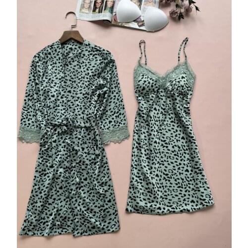 Summer Print Bathrobe Nightgown Sleep Suit Sexy Womens 2PCS Sleepwear Nighty Robe Gown Sets Satin Lace Home Kimono Nightdress