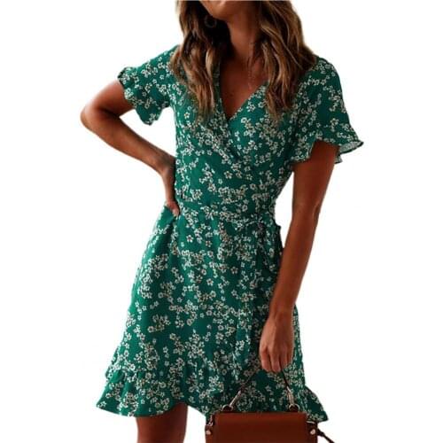 Hot Sales!!! Mini Dress V Neck Floral Print Acrylic Fiber Ruffles Fashion Mini Dress for Party