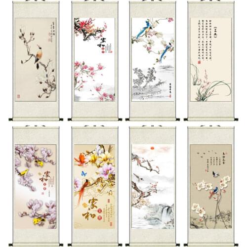 Magnolia Bird Painting Scroll Silk Multi-pattern Calligraphy Classical Chinese Hanging Painting Decoration