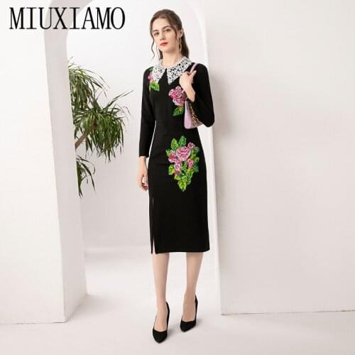 MIUXIMAO 2021 Spring New Women Lace Lapel Color Block Embroidery Long Sleeves Vintage Elegant Classic Fashion Black Midi Dress