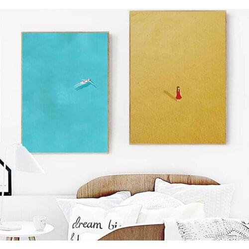 Cartoon Girl Swim Nordic Posters And Prints Wall Art Canvas Painting Blue Wall Pictures Kids Room Girls Decor