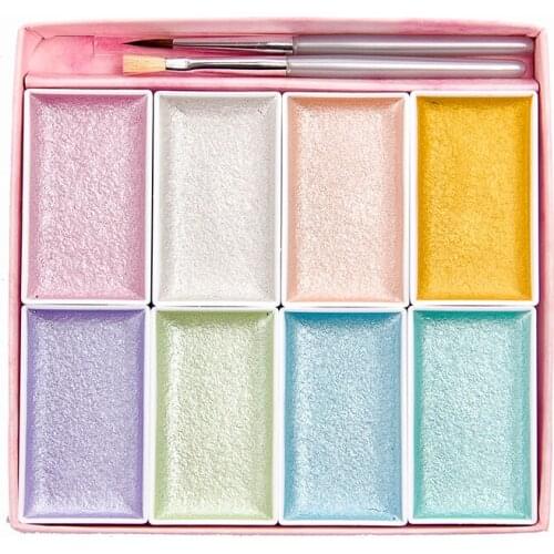 SAKURA Pearlescent Solid Watercolor Paint 8 Colors Set With Brush Travel Portable Gouache Pigment For Drawing Art Supplies