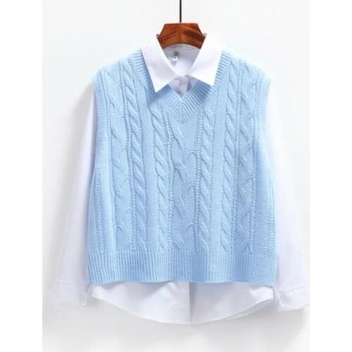 Autumn Korean Women Loose Knitted Sweater Sleeveless Women Vest Ladies V-Neck Pullover Tops Teenager School Girls Waistcoat