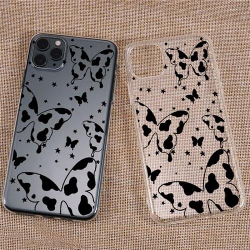 Black White Cow Butterfly Phone Case for iPhone 11 12 Mini Pro Max X XR XS 7 8 6 6S Plus SE 2020 Transparent TPU Back Cover