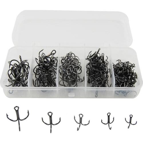 150pcs 35647 High Carbon Steel Treble Fishing Hooks Black Round Bent Triple Hard Artificial Lure Spoon Fishhooks Set With Box