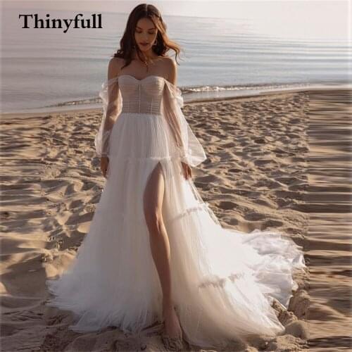 Bling Glitter Long Side Slit Boho Wedding Dresses Sparkly Long Sleeves Sweetheart Beach Bridal Gowns Country Bride Dress