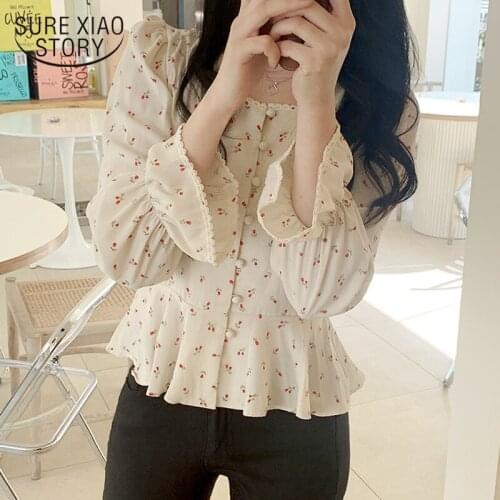 2020 Chic Korean Square Collar High Waist Vintage Floral Sweet Blouses All Match Women Slim Street Wear Cute Short Shirts 10111