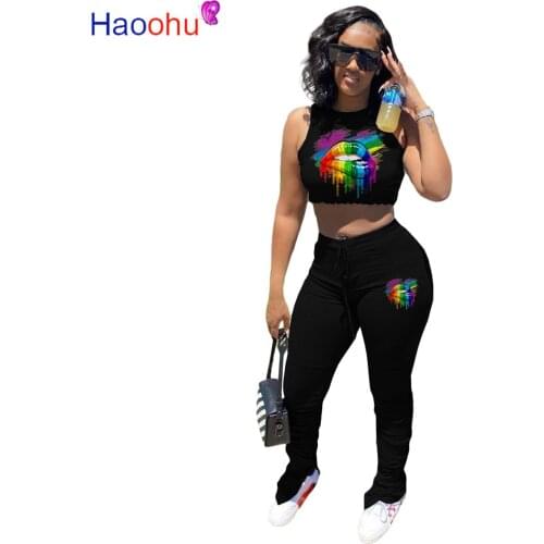 HAOOHU lip Print 2 Piece Set Women Clothing Tank Crop Top And Stacked Split Hem Bell Bottom Pant Jogger Summer Matching Set