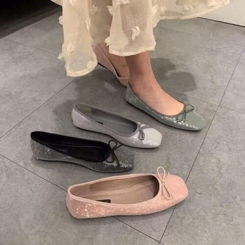 Womens shoes 2019 spring and summer new square head sequins cloth shiny bow soft bottom casual shoes loafers