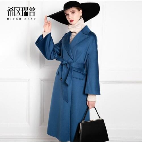 High End Water Ripple Double-Sided Cashmere Coat Womens Waist Closing Blue 2021 Autumn And Winter New Big Brand Slim Celebrity