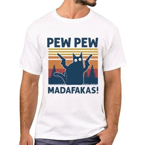 TEEHUB Funny Retro Black Cat Pew Pew Madafakas Men T-Shirt Hipster Cool Cat Gun Printed T Shirts Short Sleeve Tshirts Boy Tee
