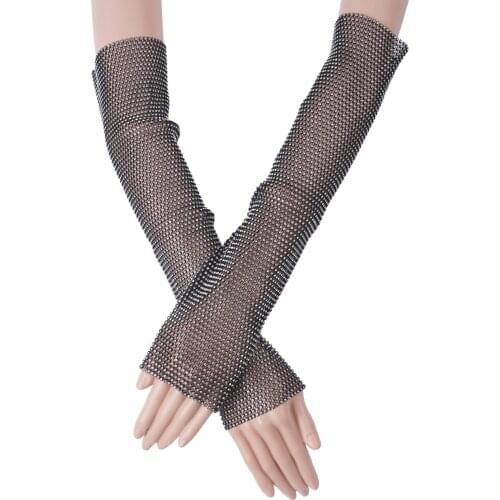 Female Glitter Rhinestone Fishnet Driving Arm Warmers Sleeves Summer Sun Protection Sleeves UV Thin Cycling Fingerless Gloves