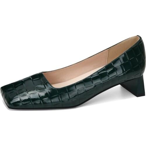 Womens Square Toe Crocodile Pattern Genuine Leather Strange High Heel Pumps Low Top Retro Shoes Dark Green New 2021 Luxury