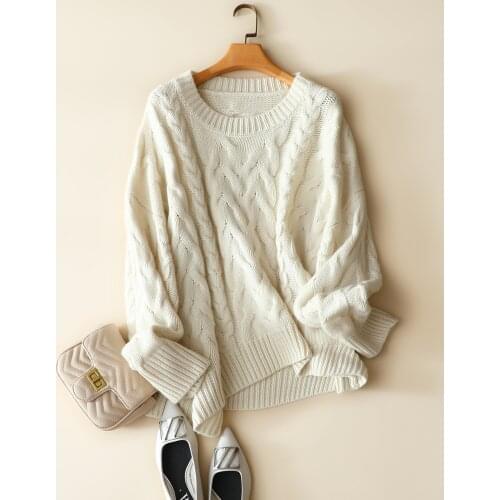 2020 Winter New Style Cable Knitted Crew Neck Thick Pullover Ladies Fashion Chic Tops 100% Cashmere Oversize Sweater Women