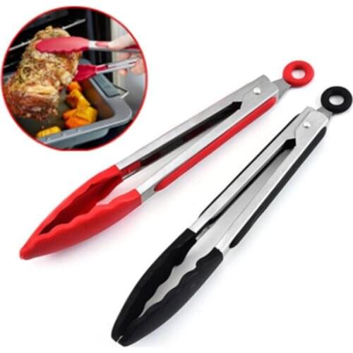 20CM Long Silicone BBQ Grilling Tong Salad Bread Serving Tong Non-Stick Kitchen Barbecue Grilling Cooking Tong with Joint Lock