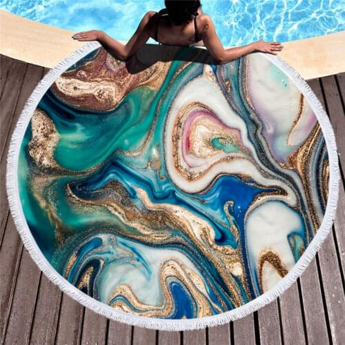 Abstract Marble Texture Round Beach Towel With Tassel Quicksand Printed Art Microfiber Beach Blanket Yoga Mats Diameter 150cm