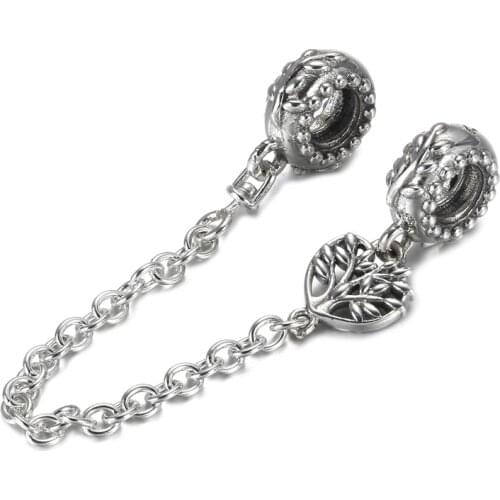 Authentic S925 Silver Bead Heart Family Tree Safety Chain Charm for Women Bracelet Bangle DIY Jewelry