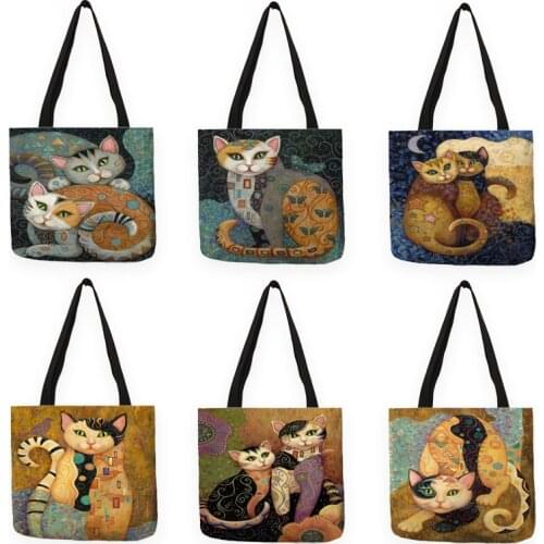 B13070 Abstract Religion Cat Print Casual Tote Cartoon Printing Women Handbag Reusable Shopper Bags