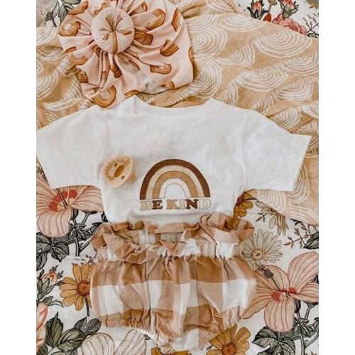 FOCUSNORM Newborn Baby Girls Boys Cute Clothes Sets 2pcs Rainbow Printed Short Sleeve T Shirts Plaid Shorts 0-24M