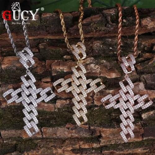 GUCY Hip Hop Cuban Chain Cross Pendant Necklace Gold Silver Color Cubic Zircon Necklaces Gifts for Men With 4MM Tennis Chain