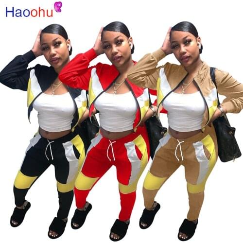 HAOOHU Sporty Color block Tracksuit 2pcs Women Set Zipper Jacket Top +Jogger Pants Two Pieces Sets Women Clothing Suits Female