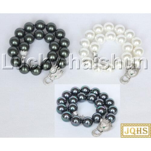 JQHS AAA 19" 20mm white black peacock pink blue gray yellow black south sea shell pearls necklace leopard clasp j12636