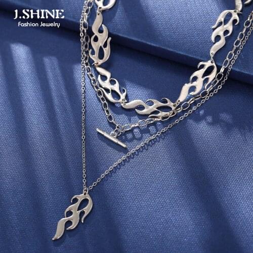JShine 2021 New Flame Pendant Necklace Creative Retro Alloy Silver Color Multilayer Blaze Choker Chain Statement Chunky Chain