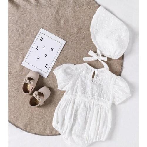 Newborn Infant Baby Girls Summer Hollow Out Romper Pure White Bubble Sleeve Jumpsuit Hat Baby Bodysuits