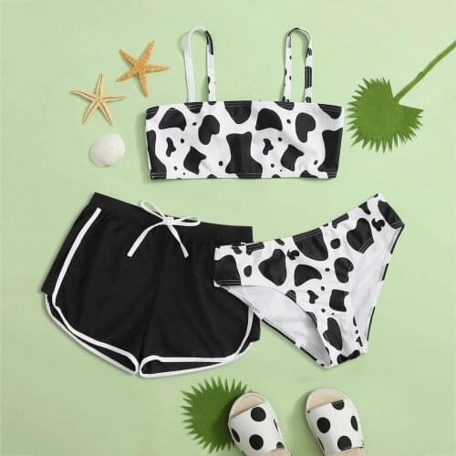 TELOTUNY Swimwear Girls' 2021 Summer Cute Crisscross Back Cow Floral Print Bikini 8-13 Years Three-Piece Swimsuit Beachwear