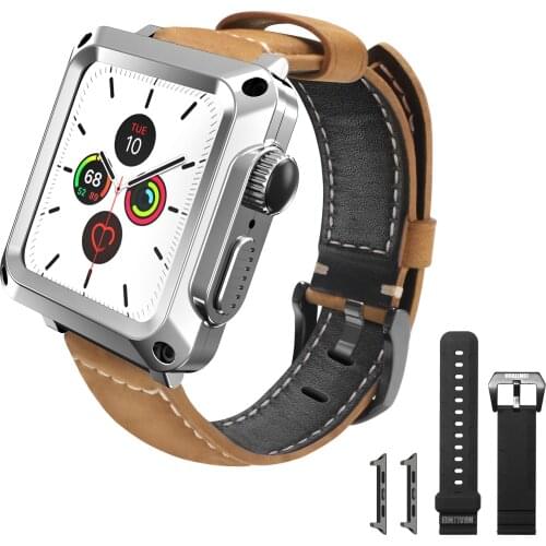 Metal Case with Leather Band for Apple Watch 6 SE 5 4 44mm 40mm Rugged Tempered Glass Cover for Mens iwatch 3 2 42mm 38mm Strap