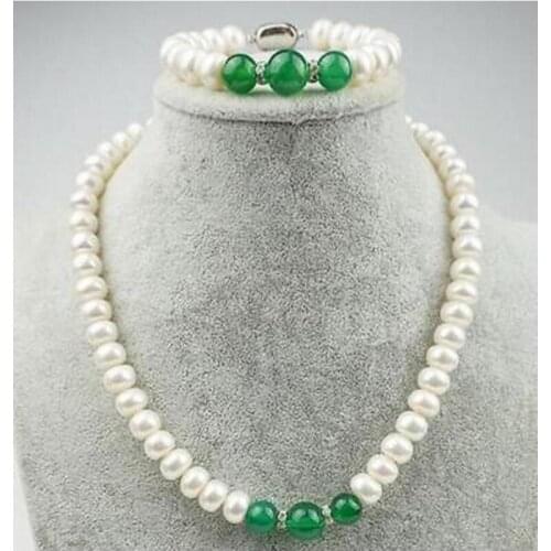 New hot Genuine Natural 5X7MM WHITE CULTURED PEARL GREEN JADE necklace Bracelet AAA