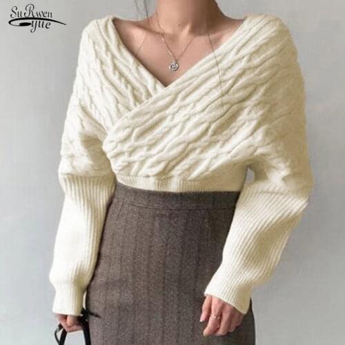 2021 Autumn Winter Elegant Sexy Woman Sweater V-neck Twist Pullover Sweaters Women Lazy All-match Knit Sweater Tops Woman 16008