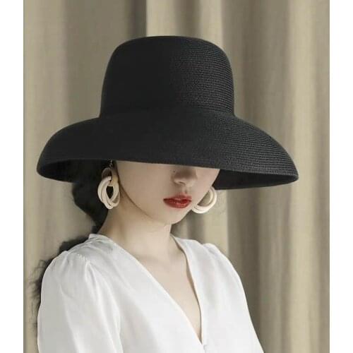 Womens Big Brim Straw Hat Summer Sun Protection French Retro Beach Vacation Sun Hat Fisherman Hat Travel Fashion Clothing