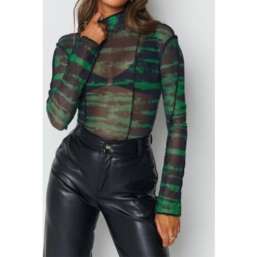 Sexy See Through Tie-Dye Print Tops 2021 Fashion Women Long Sleeve Turtleneck Slim Fit T-Shirt Streetwear Bikini Cover Ups