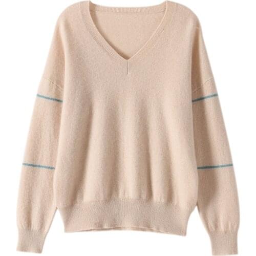 SHUCHAN SWEATER WOMEN V-Neck 30% Cashmere 70% Wool Striped Pullover Loose Free Shipping Items Clothes for Women