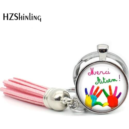 TAK--124 Super Atsem Handmade jewelry Merci Atsem DIY Tassel Key Chain round art photo glass Jewelry for women